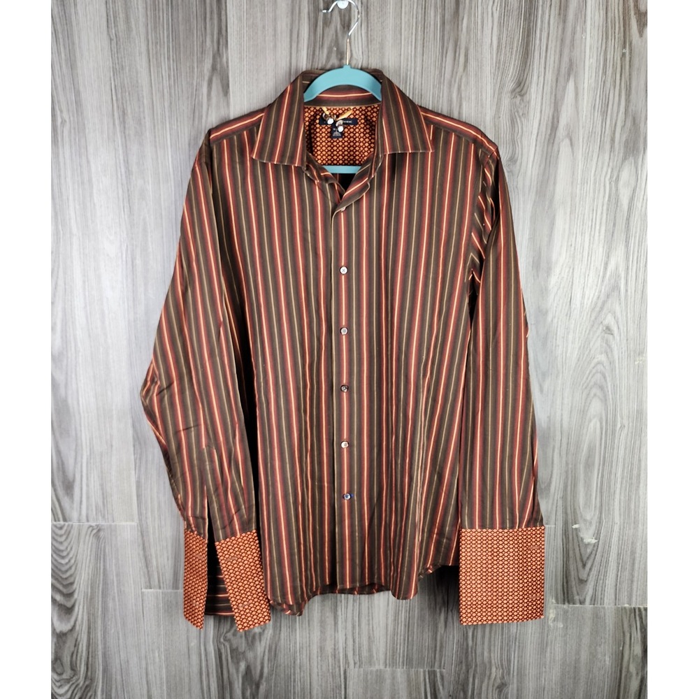 Banana Republic Mens Large Brown Red Striped French Cuff Button Down Shirt F05